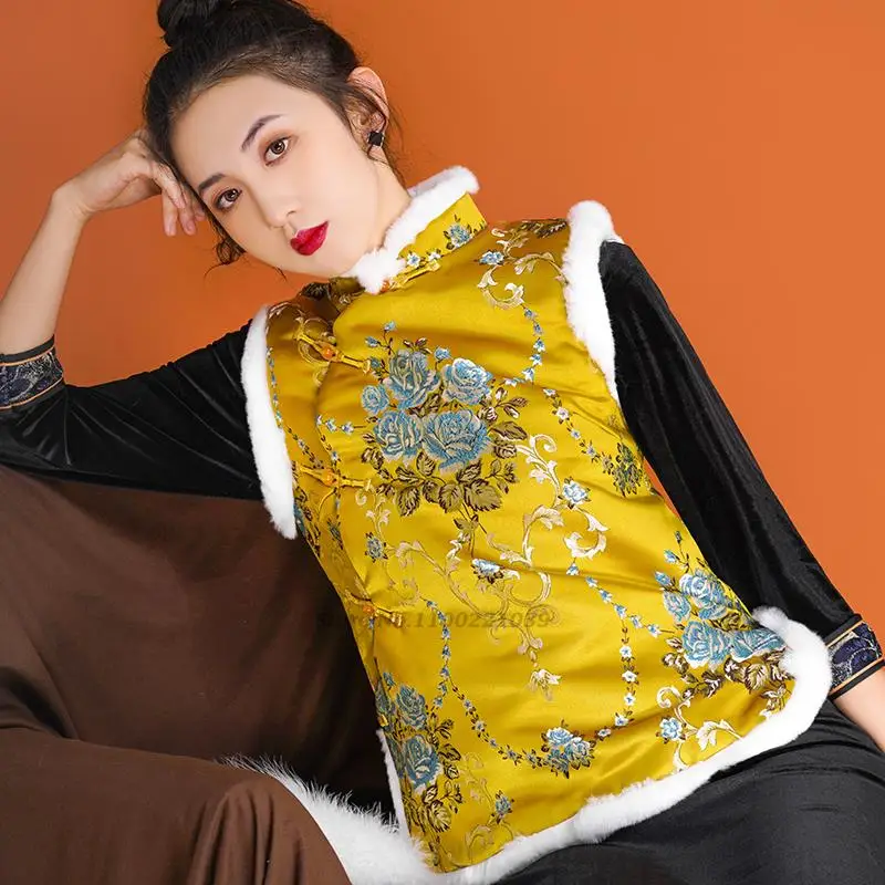 2022 chinês jacquard colete de mulheres sem mangas do casaco acolchoado étnicas tradicionais de estilo vintage gilet tang terno oriental colete retro Imagem 0
