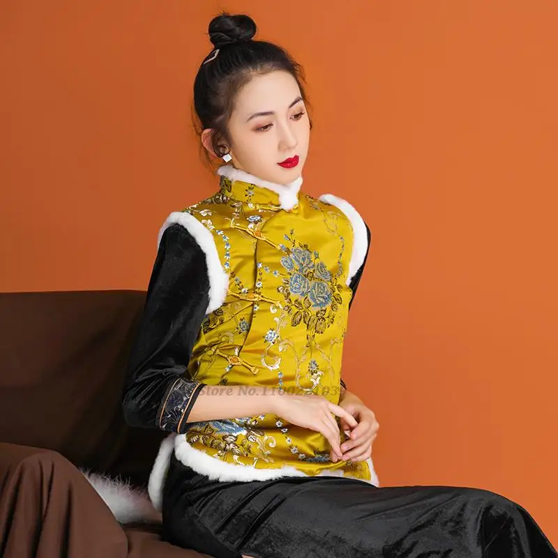 2022 chinês jacquard colete de mulheres sem mangas do casaco acolchoado étnicas tradicionais de estilo vintage gilet tang terno oriental colete retro Imagem 1