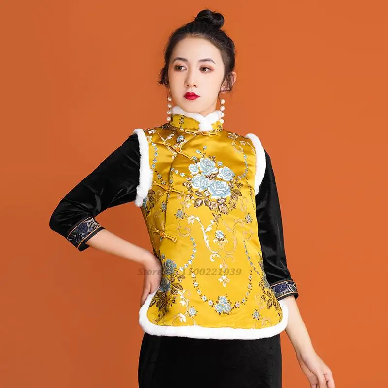 2022 chinês jacquard colete de mulheres sem mangas do casaco acolchoado étnicas tradicionais de estilo vintage gilet tang terno oriental colete retro Imagem 3