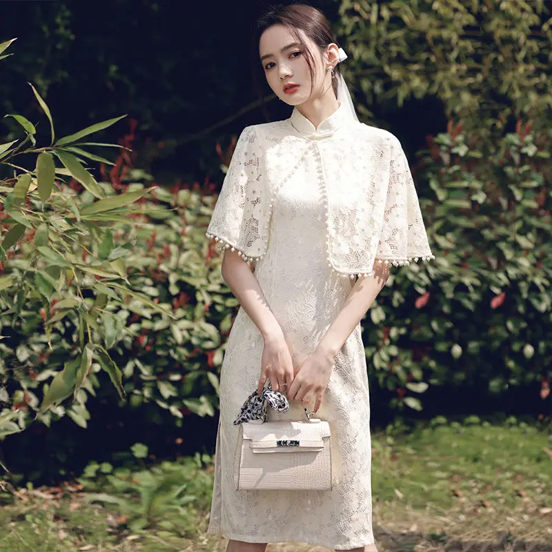 Chinês tradicional Mulheres Brancas Qipao Cheongsam Vestido de Verão Elegante Jovem de Renda Melhorou Vestido de High-end de Roupas Retrô Imagem 0