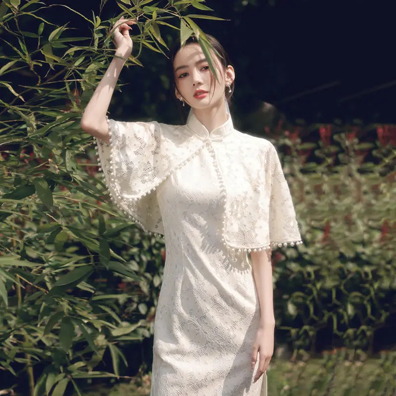 Chinês tradicional Mulheres Brancas Qipao Cheongsam Vestido de Verão Elegante Jovem de Renda Melhorou Vestido de High-end de Roupas Retrô Imagem 1