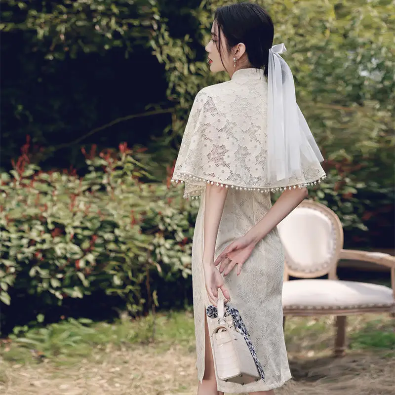 Chinês tradicional Mulheres Brancas Qipao Cheongsam Vestido de Verão Elegante Jovem de Renda Melhorou Vestido de High-end de Roupas Retrô Imagem 2