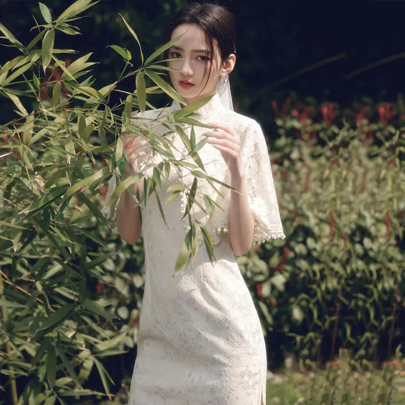Chinês tradicional Mulheres Brancas Qipao Cheongsam Vestido de Verão Elegante Jovem de Renda Melhorou Vestido de High-end de Roupas Retrô Imagem 3
