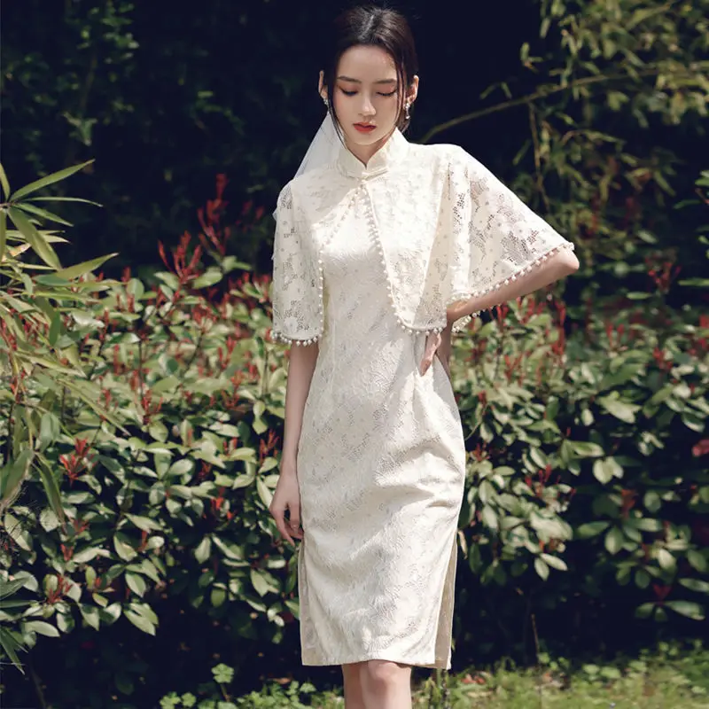 Chinês tradicional Mulheres Brancas Qipao Cheongsam Vestido de Verão Elegante Jovem de Renda Melhorou Vestido de High-end de Roupas Retrô Imagem 4