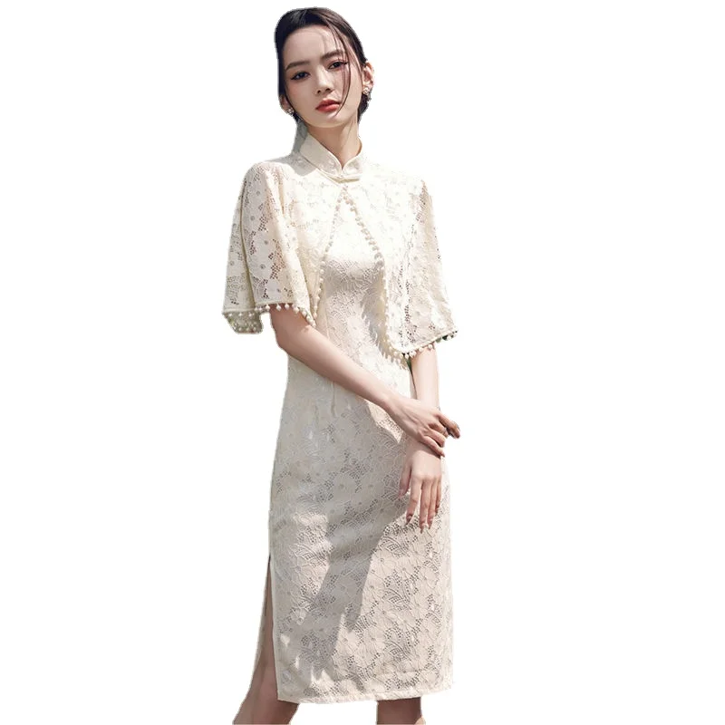 Chinês tradicional Mulheres Brancas Qipao Cheongsam Vestido de Verão Elegante Jovem de Renda Melhorou Vestido de High-end de Roupas Retrô Imagem 5