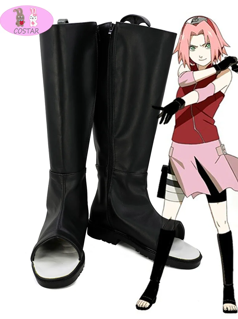 COLEGA de elenco de Anime Haruno Sakura Preto Peep Toe Botas de Cosplay Sapatos de Festa Imagem 0