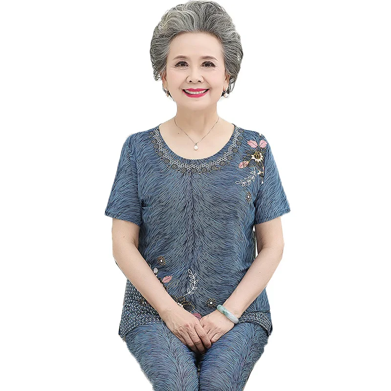 Mulheres de meia-idade Verão Conjuntos de Moda de Impressão de T-shirt Topos & Sete Pontos de Calças de 2 Pcs Conjuntos de Terno Avó Roupas de Verão 5XL Imagem 1