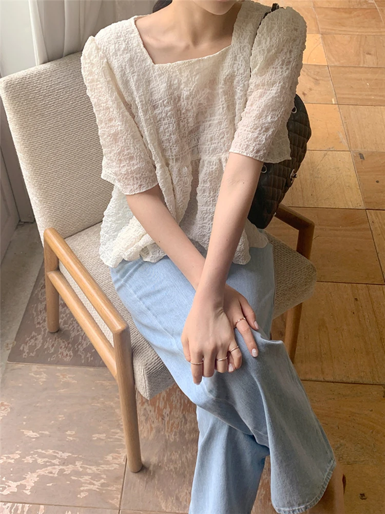 Novo 2022 Chique Camisas Transparentes Doce coreano de Moda as Mulheres Blusas Primavera Verão Senhora Elegante Vintage Selvagem Curto Tops BL2285 Imagem 2