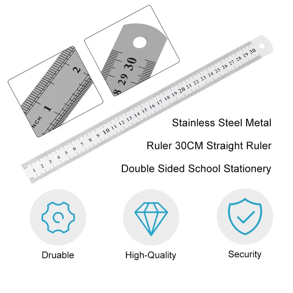O Metal de Aço inoxidável Régua 30CM Direto de Medida da Régua Dupla Face para Costura de Costura Pé e Escola de artigos de Papelaria Imagem 3