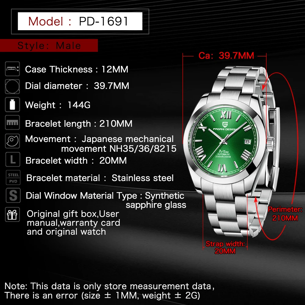 PAGANI PROJETO 2022 39mm Homens Mecânica NH35 Relógio Automático de Safira, Aço Inoxidável Relógio Impermeável Relógio Relógio Masculino Imagem 5
