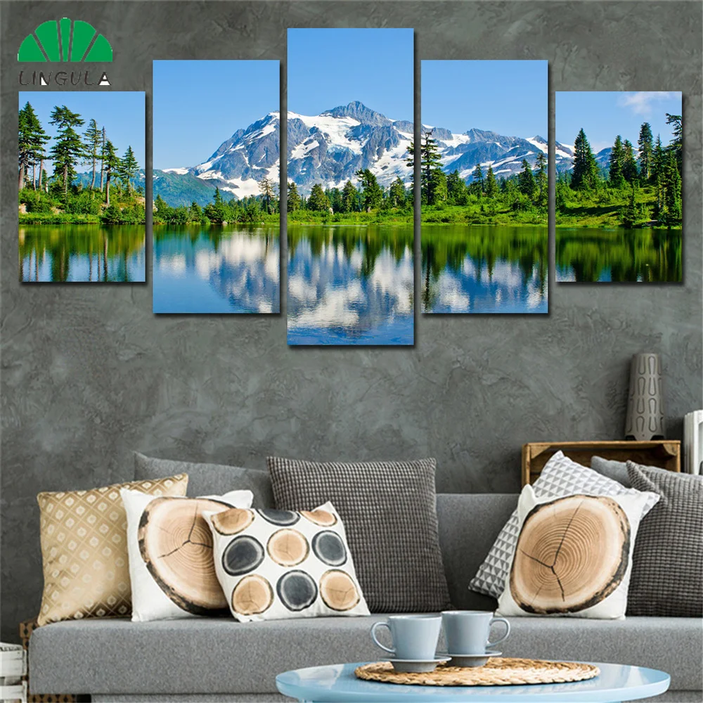 Paisagem Cartaz Lago Washington Montanhas Árvore de Pintura de Parede de Imagens para a Sala de 5 Painéis de Lona de Arte de Parede Imagem 1