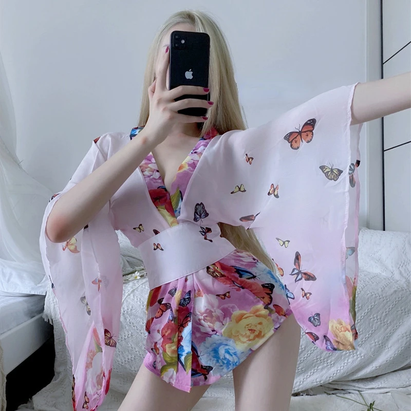 Tamanho Grande Quimono Japonês Sexy De Lingerie, Pijamas Paixão Tentação Atender A Impressão Roupão De Banho Pequena De Peito De Cosplay Uniforme Vestidos Imagem 0
