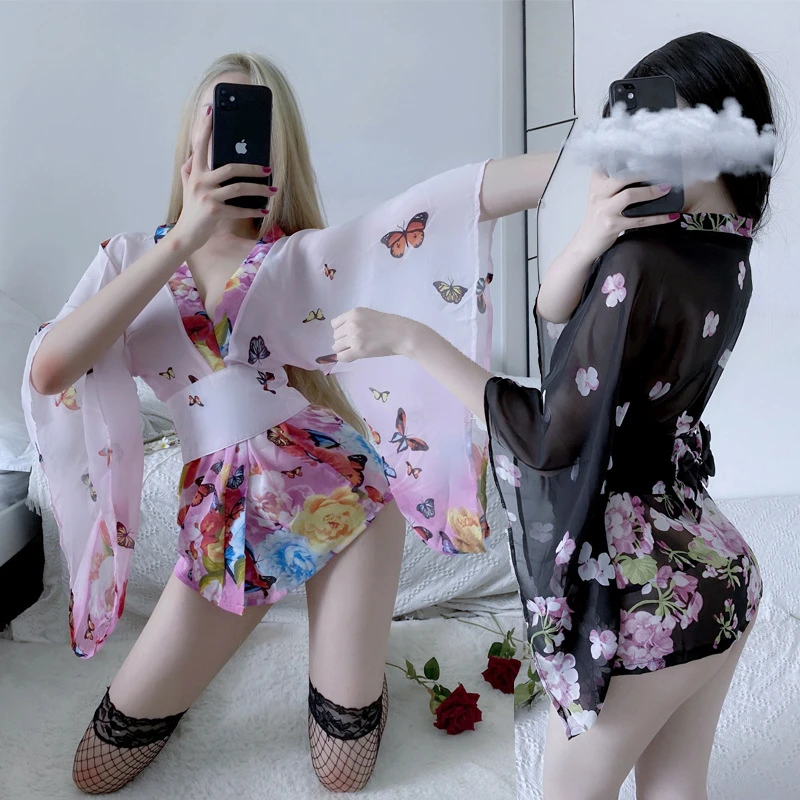 Tamanho Grande Quimono Japonês Sexy De Lingerie, Pijamas Paixão Tentação Atender A Impressão Roupão De Banho Pequena De Peito De Cosplay Uniforme Vestidos Imagem 1