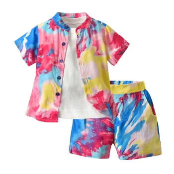 Moda Verão Meninas Meninos Conjunto de Roupas de Algodão Tie-dye Processo Crianças Roupas de Verão Blusas+Camisa+Shorts 3pcs Crianças Outwear