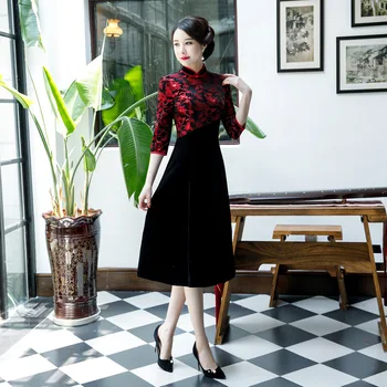Feminino de Veludo Vintage Novidade Cheongsam Elegante Colarinho de Mandarim Qipao Requintado Apliques de Flores Chinês Vestido de Uma Linha L-6XL