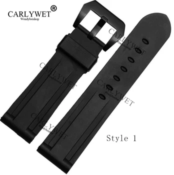 CARLYWET 24mm Preto Impermeável de Borracha de Substituição do Relógio de Pulso Banda Cinta com Parafuso Fivela para Luminor