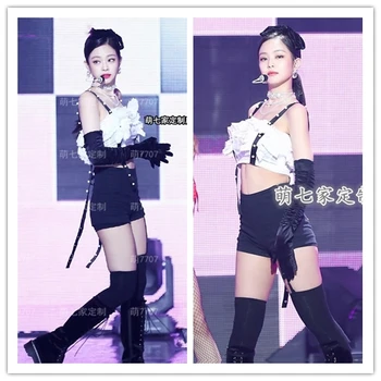 Kpop Coreano Celebridade Dança Branco Sexy Strapless Lace Camisole Tanques De Topos De Colete + Preto Slim Cintura Alta Elástico Shorts Mulheres Conjuntos