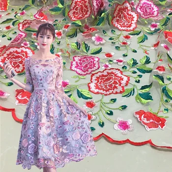 1meter high-end de malha, rendas, cores tridimensional bordado de flor de renda de dois lados de onda da moda pano do vestido com saia de tecido