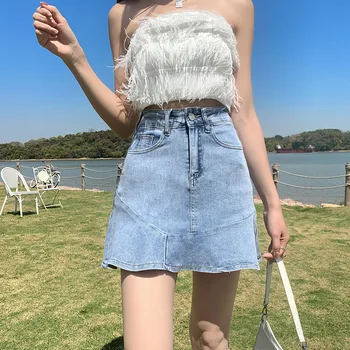 Shorts jeans saia de mulheres de verão novo cintura alta emagrecimento retro pequenos babados na saia plissada de uma linha de saia curta