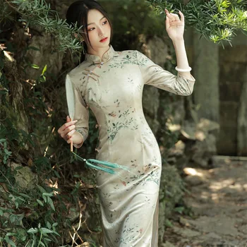 Veludo 2022 Nova Moda Chinesa Moderna Cheongsam Magro Vestido Mulher Manga 3/4 Qipao Chinês Tradicional Roupas