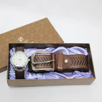 2Pcs de Moda Relógios Mens Conjunto de Caixa de Presente de Quartzo de Alta Qualidade Relógio de Pulso Masculino Cinto de Couro, o Melhor Presente Para os Homens do Pai do Namorado