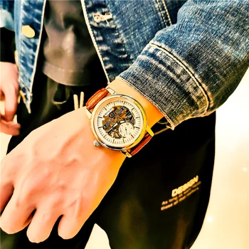 JOJOZ relógio genuíno relógio mecânico automático do sexo masculino turbilhão oco grande dial estudante de esportes de couro relógio masculino