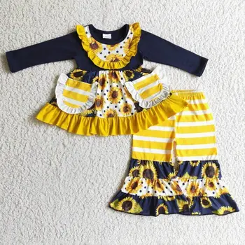 roupas de bebê definir menina girassol listras amarelas bolso manga longa impressão de top e calça de 2 pcs crianças roupas de outono roupas infantis