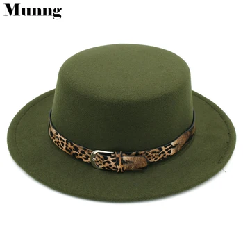 Munng Mulheres Mistura de Lã de Topo Plano Velejador Chapéu de Aba Larga chapéu Bowler Leopard Banda de Couro