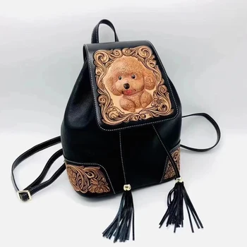Nova Couro Genuíno mulheres mochila de luxo Mão esculpida designer saco de mulheres mochila de moda de qualidade de couro feitos à mão mochila