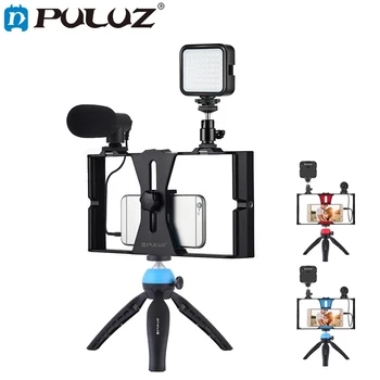 PULUZ 4 em 1 Vlogging Transmissão ao Vivo Smartphone Vídeo Rig + LED Selfie a Luz de Preenchimento de Microfone +Tripé+Frio Sapato Cabeça do Tripé
