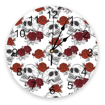 Crânio Vermelho Rosa Branco Sala De Estar, Relógio De Parede Redondo Relógios De Decoração De Casa, Quarto, Cozinha, Decoração, Relógios De Parede