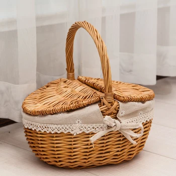 Cesta de piquenique com tampa de Vime, tecido à mão cesta de frutas Rurais não-tecido de forro de Dom cesta cesta cesta do armazenamento para o lar