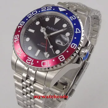 Parnis mostrador preto 40mm Relógios Mecânicos GMT vermelho azul Relógio da Moldura Automáticas de Aço Inoxidável Sapphire Mens relógios de Luxo