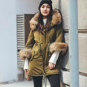 marca de moda de inverno, a chegada de grandes fur real gola de casaco com capuz feminino longo, mais grosso quente para baixo algodão casaco com drwstring wq782