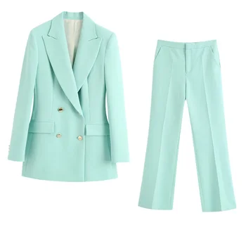 2022 Senhoras' Nova Textura Mulheres De Moda Azul E Verde-Double Breasted Botão Blazer Casaco E Alta-Cintura Terno Calças Compridas
