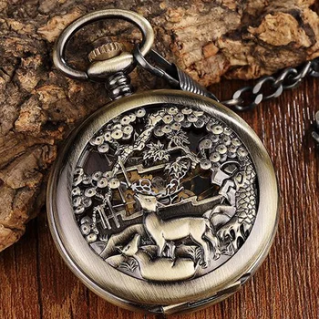 Bronze Veado Flores Caso Mecânica Relógio de Bolso de Homens Retro Grande Dial Mão do Vento Relógio Esqueleto Steampunk Reloj de bolsillo Cadena