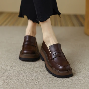 MythLuo Plataforma Sapatos Para Mulheres Robusto Saltos de Sapatos de Couro Genuíno do Dedo do pé Redondo de 4,5 CM de altura Sola Grossa Senhoras Causel Sapatos