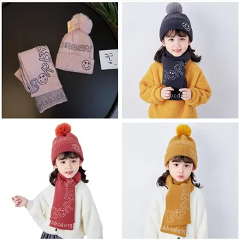Menina do Chapéu de Lã tricotada Outono e Inverno dos Meninos de Chapéu, Lenço de Duas peças de Terno de Inverno para Crianças Chapéu de Proteção de Orelha Quente