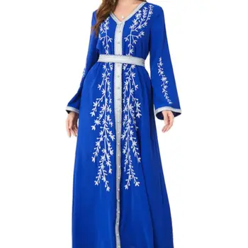 Abayat Emberoidery Maxi Vestidos de Senhoras com decote em V Manga Longa com cinto de Kaftan turco Vestidos Para Mulheres Jilbab 2022 Outono de Novo