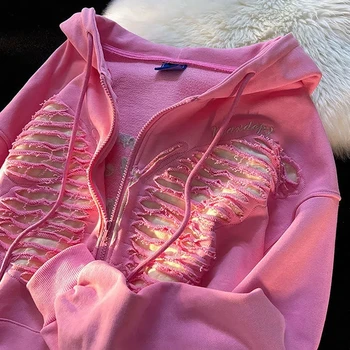 2022 Outono/Inverno Mulher Zip Soltas de grandes dimensões Capuz Y2K Moletom coreano-de-Rosa Bordado de Moda Casual Jaquetas Casal Casaco