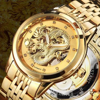 Dragão de ouro, Relógios de Homens relógio de Pulso MECÂNICO Automático Preto de Aço Inoxidável Relógio de ponteiros Luminosos Esqueleto Masculino Reloj de Dropship