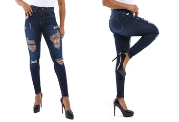 A primavera e o Outono Tendência Rasgado Hip Elevador Magro Calças Jeans Moda Jeans de Senhoras de Roupas femininas