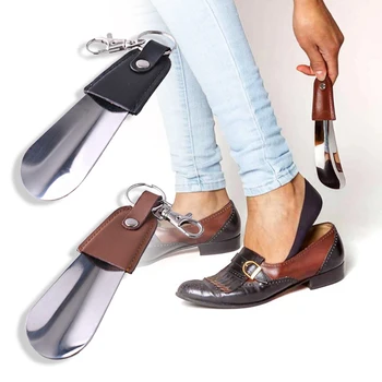 Preto Dobrável Calçadeira De Metal Durável Com Aço Inoxidável De Couro Falso Moda Portátil Chifres De Sapato Acessórios