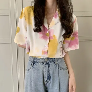 Retro Hong Kong Estilo Feminino de Verão Solto Camisa Tie-dye Impressão Mulheres de manga Curta Camisa Casual