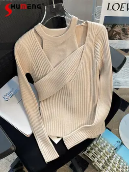 Colete de Malha de Assentamento Shirt Para as Mulheres da Primavera Novo Design Senso de Moda V-neck Sweater Off-Ombro Cueca Top de Manga comprida