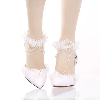 Laço branco Borboleta de Cristal Salto Agulha de Casamento Sapatos de salto alto renda vintage bowknot kawaii sapatos cosplay loli mulher doce