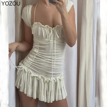 YOZOU 2022 Verão Branco Mini Vestido Halter de Manga Curta Kawaii Doce Menina Bonito Magro Shirring Bodycon Cottagecore Sundress Lolita