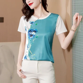 Poplin O Decote das Mulheres T-shirt de Verão, Flor de Costura de Manga Curta Tees Nova Moda na Coreia do sul Regular Casual Tops