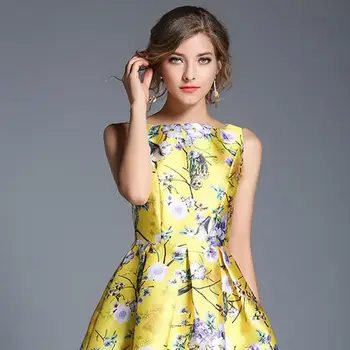 2022 Nova coleção Primavera / Verão as Mulheres de Vestido Amarelo Tropical estampa floral Vintage de cintura Alta sem Mangas Impresso Festa 