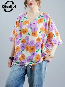 Oladivi Moda Flor de Impressão Mulheres Casual Solta Blusas 2022 Verão de grandes dimensões Roupa de cama de Algodão Camisas de Grande Tamanho Superior Túnicas 9993 4XL
